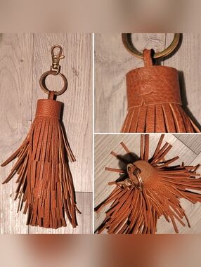 Large Brown Leather Fringe Tassel Handbag Keychain 0.5" Clip, Size 8" Long x 2.5